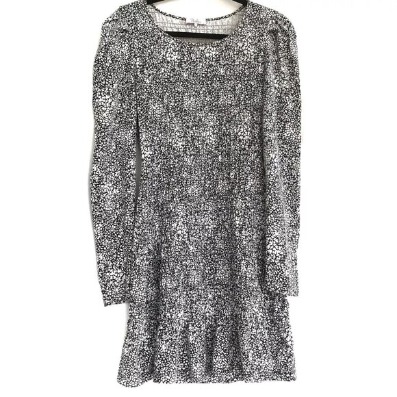 Parker Small Black White Abstract Smocking Cotton Blend Long Sleeve Mini Dress - Picture 1 of 10